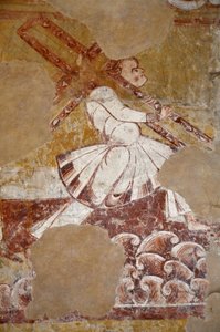Romanische Kunst: Simon von Cyrene trägt das Kreuz Christi. Detailansicht der Fresken des Chors La vie du Christ (13. Jahrhundert) aus der Kirche Saint Martin von Unbekannter Künstler