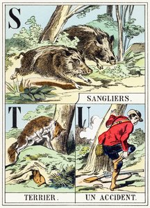 S T U: Wildschwein, Bau, Ein Unfall - Das Jagd-Alphabet, ca. 1890