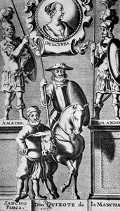 Sancho Panza und Don Quijote, unter Porträt von Dulcinea (nach Miguel de Cervantes)