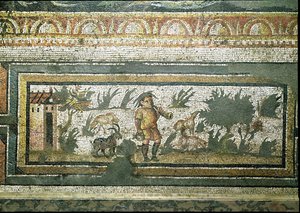 Szene eines Ziegenhirten mit seinen Ziegen, Detail des Randes eines Mosaikpflasters, das die Jahreszeiten und Jagdszenen darstellt, aus der konstantinischen Villa in Daphne, römisch, ca. 325-330 n. Chr. von Unbekannt