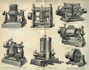 Wissenschafts- und Technologiebrett, das deutsche elektrische Maschinen darstellt. Illustration aus „Meyers Großes Konversations-Lexikon“ 1904. Bibliographisches Institut, Leipzig und Wien