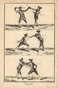 Zweite Position des Entwaffnens in Terz, Entwaffnung auf der Karte oder zweite Stoß, und zweite Position des Entwaffnens auf der Karte. Kupferstichgravur von Robert Benard aus dem Fechtabschnitt von Denis Diderots Enzyklopädie, Pellet, Genf von Unbekannter Künstler