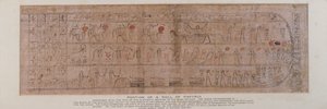 Abschnitt eines Papyrus mit kursiven Hieroglyphen mit dem Text des elften Abschnitts des Buches von Amtuat, der die Geburt des Sonnengottes in den Himmel bei Tagesanbruch beschreibt, gefunden im Sockel einer hölzernen Ptah-Sokar-Osiris-Figur