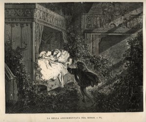 Dornröschen: Der Prinz entdeckt die hundert Jahre schlafende Prinzessin. Gravur von Gustave Doré (1832-1883) aus „Les contes“ von Charles Perrault (1628-1703) von Unbekannt