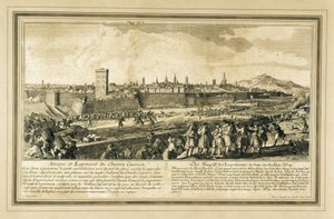 Spanien: Spanischer Erbfolgekrieg (1714). Belagerung von Barcelona (Gravur).