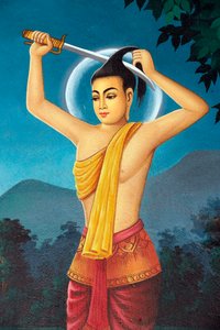 Srahchork-Buddhistisches Kloster. Malerei, die die Lebensgeschichte von Shakyamuni Buddha darstellt. Prinz Siddhartha schneidet sich die Haare ab, um das weltliche Leben am Ufer des Anoma-Flusses zu entsagen. Phnom Penh, Kambodscha