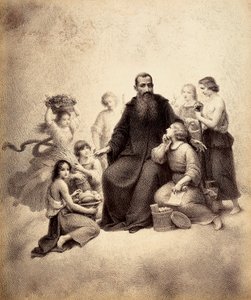 Der heilige Benedikt auf dem Thron ist umgeben von Jugendlichen mit Weizenbündeln und Obstkörben. Illustration des Canto XXXII in Paradiso aus der Göttlichen Komödie von Dante Alighieri. Werk von Francesco Scaramuzza, gewidmet der Gemeinde Florenz.