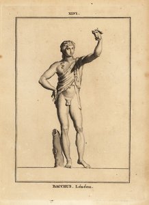 Statue des Bacchus Lenaios, römischer Weingott, nackt bis auf ein Löwenfell, drückt eine Traube