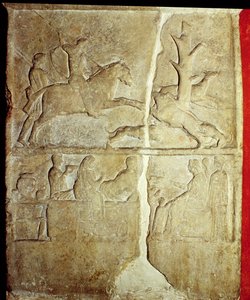 Stelenrelief, das eine Wildschweinjagd darstellt (Stein) von Unbekannt