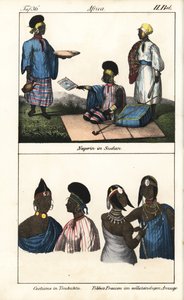 Sudanesische Frauen im gestreiften Kleid. Unten, Demmes von Timbuktu (Mali) und Tibbo-Frauen der Sahara. Lithographie aus dem Buch: „Galerie complète en tableaux fidèles des peuples d