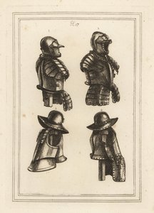Rüstung mit Lanzenhalter, offener Helm, Arkebusenrüstung und Arkebusenrüstung mit langen Oberschenkelschienen