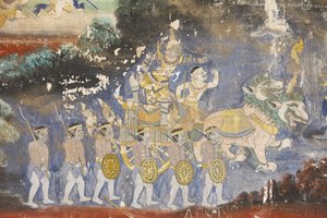 Diese Wandmalerei zeigt Szenen aus dem Reamker, der kambodschanischen Version des Ramayana, Phnom Penh, Kambodscha