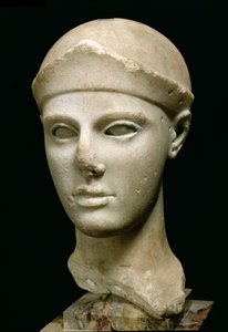 Die Athena von Aegina, mit Helm, Kopf einer Statue, Griechisch, Aeginetisch, ca. 460 v. Chr. (Marmor) von Unbekannt