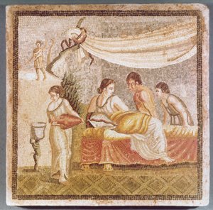 Das Centocelle-Mosaik, das eine liegende Frau zeigt, die von Dienern bedient wird, Kopie eines griechischen Originals