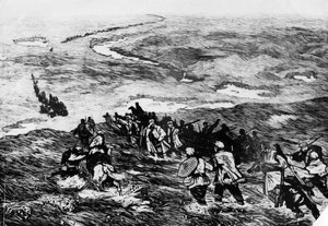 Die chinesische Rote Armee durchquert das Sumpfland. Ein Holzschnitt von Li Huan-min. Die Rote Armee überquert 1935 einen Sumpf