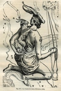 Der Wagen des Atlas von Hevelius (1690): Das Sternbild des Wagens, das in der rechten Hand eine Peitsche und Zügel hält und auf dem linken Arm die Ziege und zwei Zicklein, ist eines der ältesten in der griechischen Sphäre. Gravur aus Camille Flammarions „L von Unbekannt