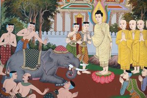 Das Leben des Buddha, ein wilder Elefant gezähmt durch liebevolle Güte, Wandfresko, Wat Maniratanaram Kloster, Phnom Penh, 2022 (Foto) von Unbekannter Künstler