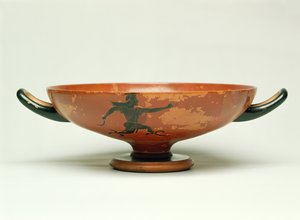 Die Verfolgung des Perseus, attische schwarzfigurige Kylix, hergestellt vom Pepaks-Meister, 525-520 v. Chr. von Unbekannt