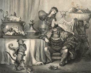 Der gestiefelte Kater trifft den Oger. Gravur von Gustave Doré (1832-1883) aus „Les contes“ von Charles Perrault (1628-1703) von Unbekannt