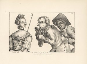 Die komischen Figuren von Cimon und Mopsus mit der schönen Phillida. Aus Colley Cibbers komischer Oper Damon und Phillida.