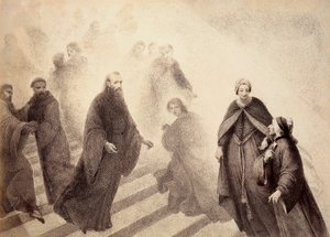 Der kontemplative Geist von Peter Damian steigt von einer goldenen Leiter herab und bewegt sich auf Dante zu. Illustration von Canto XVI in Paradiso der Göttlichen Komödie von Dante Alighieri. Werk von Francesco Scaramuzza, gewidmet der Gemeinde Florenz.