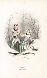 Die Feen durchbohren Schnee und Primeln in einer verschneiten Landschaft - Radierung von Charles Geoffroy nach einer Illustration von Jean Ignace Isidore Gerard dit J.J.Granville für Les fleurs animées von Unbekannter Künstler