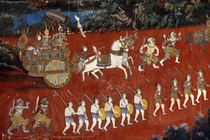 Das Innere der Silberpagode ist mit Wandmalereien bedeckt, die Geschichten aus dem Reamker darstellen, der Khmer-Version des klassischen indischen Epos, dem Ramayana. Einige Abschnitte der Wandmalereien sind beschädigt und verwittert. von Unbekannt