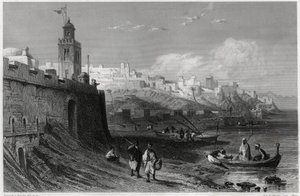 Der malerische Hafen der befestigten Stadt Tanger im 19. Jahrhundert, im Buch über das Mittelmeer von Louis Enault (1824-1900), einem französischen Journalisten und Reisenden. Louis Enault, LA MEDITERRANEE SES ILES ET SES BORDS, Morizot