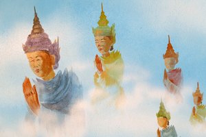 Thien Lam buddhistischer Tempel, Wandmalerei (Detail) Verehrer. Hue, Vietnam, 2019 von Unbekannt