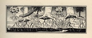 Bäume, die durch einen Sturm entwurzelt wurden, pflanzen ihre Wurzeln genau an der Stelle wieder ein, an der sie waren. Illustration von William Strang (1859-1921) und JB Clark aus „Die Abenteuer des Baron von Münchhausen“ von Rudolf Erich Raspe (1736-1794