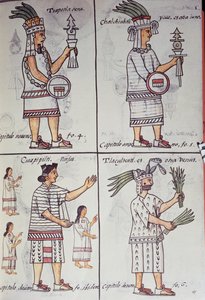 Tzapotlatena, Chalchiuhtlatonal, Cioapipitli und Tliltecuhtli, Florentiner Kodex, zweisprachige Version in Spanisch und Nahuatl, Allgemeine Geschichte der Dinge von Neuspanien von William M. Timlin