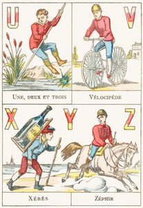 U V X Y Z ; U : Eins, zwei und drei ; V : Veloziped ; X : Xeres ; Z : Zephir - Spiele-Alphabet, ca. 1890 (Gravur)