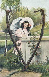 V: Ein junges Mädchen in einem rosa Kleid, mit einer Haube auf dem Kopf und einem Sonnenschirm in der Hand, steht in einer ländlichen Umgebung - Alphabet Figuren Ref Th. E., L. Theochrom - Serie 994. Theodor Eisman, Verleger, Leipzig von Unbekannt