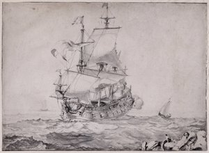 Schiffe auf See, die die Kanone abfeuern - Zeichnung von Pierre Puget (1620-1694) 17. Jahrhundert von Unbekannter Künstler