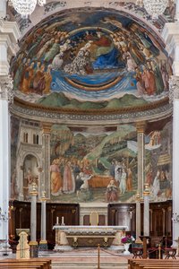 Blick auf das Kirchenschiff und den Chor mit den Geschichten der Jungfrau, Dom, Kathedrale S. Maria Assunta, Spoleto, Umbrien, Italien