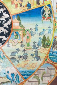 Rad des Lebens (Detail), Wandmalerei im Wat Umong, Chiang Mai, Thailand