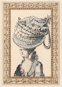 Frau mit einem riesigen Hut namens Glück des Jahrhunderts. Handkolorierte Lithographie von de Laubadere aus Octave Uzane