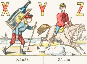 X Y Z : Xeres, Zephir - ein Junge trägt eine große Weinflasche auf dem Rücken und ein Reiter galoppiert auf seinem Pferd namens Zephyr - Spiele-Alphabet, um 1890 (Gravur)