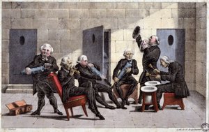Amateure spielen eine Courante, französische Karikatur gegen Ärzte (halten Spritzen und Nachttöpfe als Musikinstrumente) und das Abführmittel im 18. Jahrhundert, Gravur von Elgelmann, ca. 1830 von Unbekannter Künstler