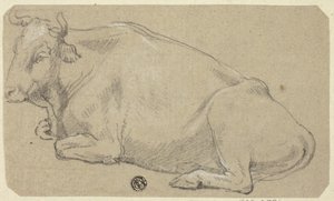 Kuh auf den Hüften liegend (recto); Kopf einer Frau und Skizze eines Pferdekopfes (verso) von Unknown