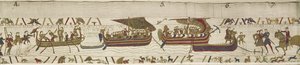 Harold überquert den Kanal in das Gebiet von Guy, Graf von Ponthieu, wo er gefangen genommen wird, Bayeux-Tapete von Unknown