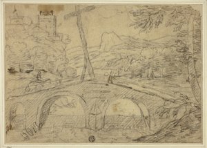 Landschaft mit Brücke (mit Kreuz) über Schlucht, mit Bergen und Schloss in der Ferne