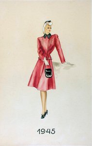 Modell in einem Anzug, eine Handtasche haltend, 1945