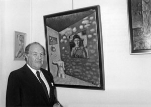 Pierre Velly alias Pierre De Varga vor einer seiner Leinwände bei der Eröffnung seiner Ausstellung in der Galerie 3000, 11. April 1986 von Unknown