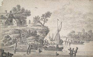 Flusslandschaft mit hohem Ufer links
