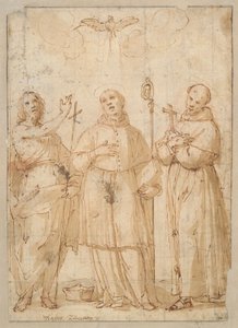 Heiliger Johannes, Heiliger Karl Borromäus und Heiliger Franziskus unter der Taube des Heiligen Geistes