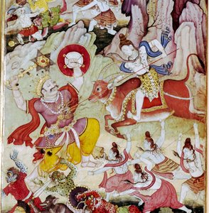 Siva zerstört den Dämon Andhaka, Harivamsa-Manuskript, Mughal, um 1590 von Unknown