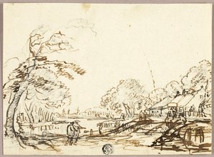 Zwei Figuren am Fluss nahe Brücken und Häusern (recto); Zwei Figuren auf Brücke schauen auf Mann im Kahn (verso)