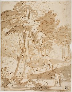 Waldlandschaft mit Figuren und Tieren