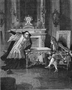 1715: Der König von Frankreich Ludwig XIV. (1638-1715) hört die Worte von Pater Michel Le Tellier (1643-1719), seinem Jesuitenbeichtvater. Gravur des 19. Jahrhunderts. In „Histoire de France“ von Jules Michelet von Unknown artist